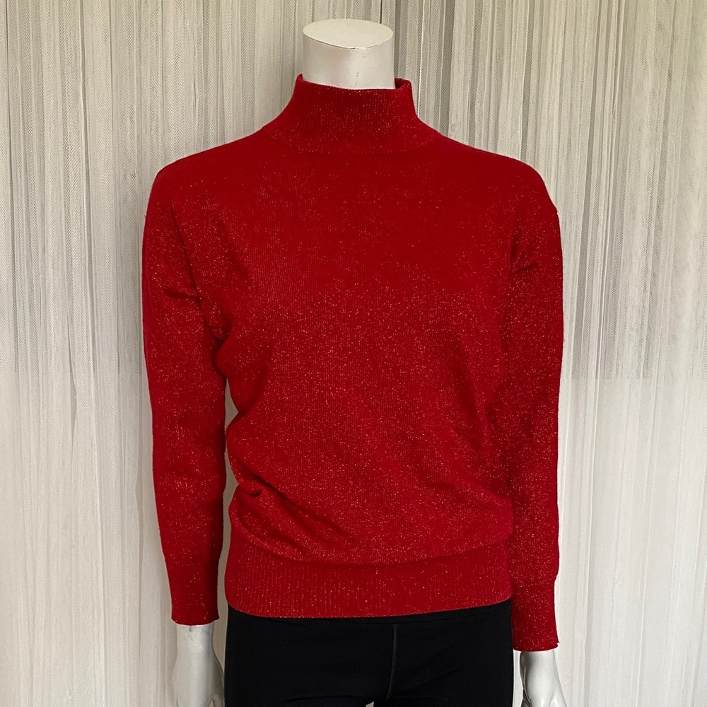 Vintage 90’s Dress Barn Red Mock Neck Woman’s Sweater Metallic Throughout Med